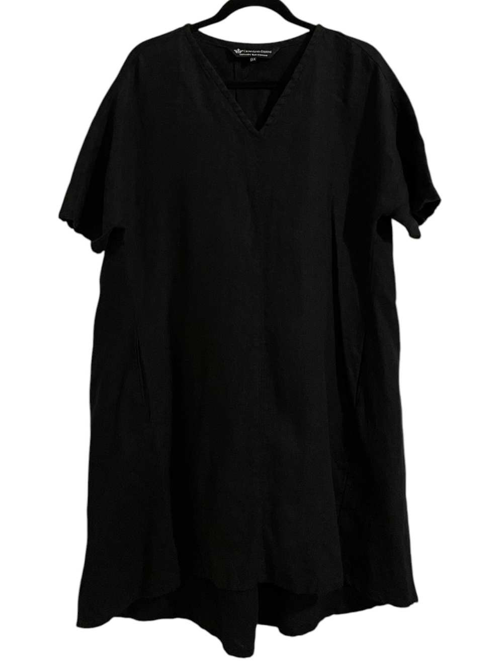 CROWN LINEN DESIGNS Black Short Sleeve V-Neck Relaxed Fit Dress Midi Length XS/S